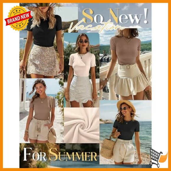 3 Pack Women's Ribbed Cotton Tees Slim Fit Short Sleeve Crewneck Tops - Picture 7 of 8